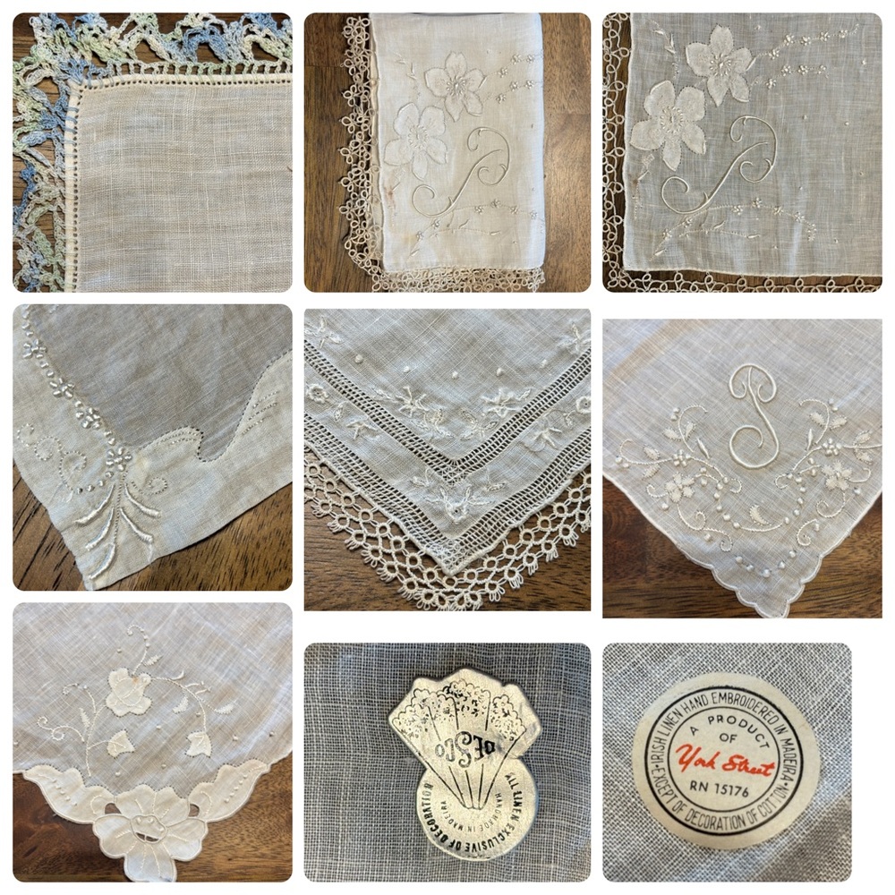 VTG 9 dainty handkerchiefs napkins fairycore cream some blue crochet monogram P